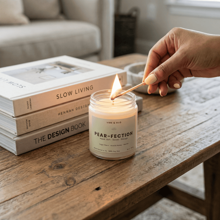 lighting a Pear-Fection soy candle with match on a wooden table styled with books creating a cozy home aesthetic moment