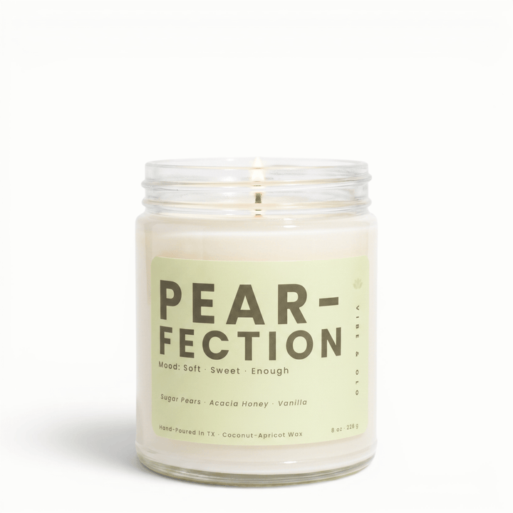 Pear-Fection sugar pear honey vanilla candle in glass jar, soft sweet coconut apricot wax candle for a cozy comforting scent