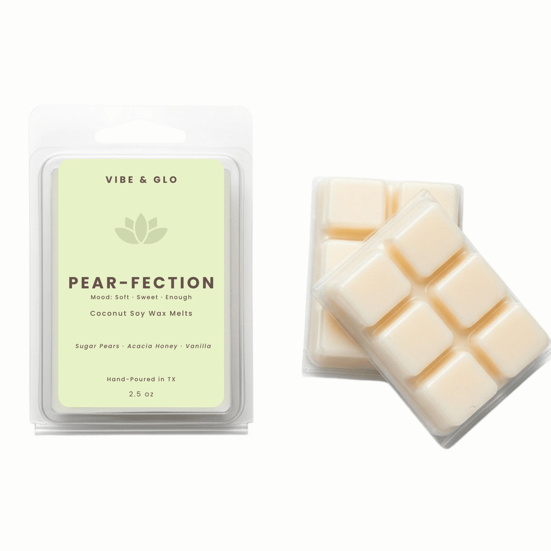 Pear-Fection coconut soy wax melts by Vibe & Glo with sugared pear, acacia honey, and vanilla in a 2.5 oz spring wax melt clamshell.