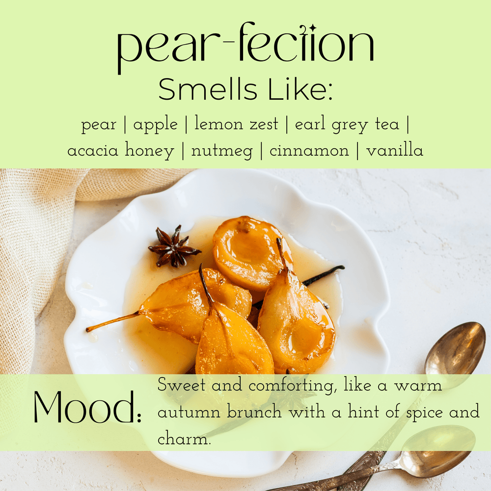 Pear-fection scent description image featuring sweet spices and fruits, representing cozy autumn flavors and fragrance notes.