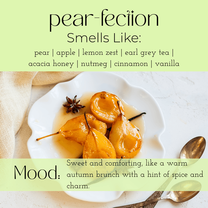 Pear-fection scent description image featuring sweet spices and fruits, representing cozy autumn flavors and fragrance notes.
