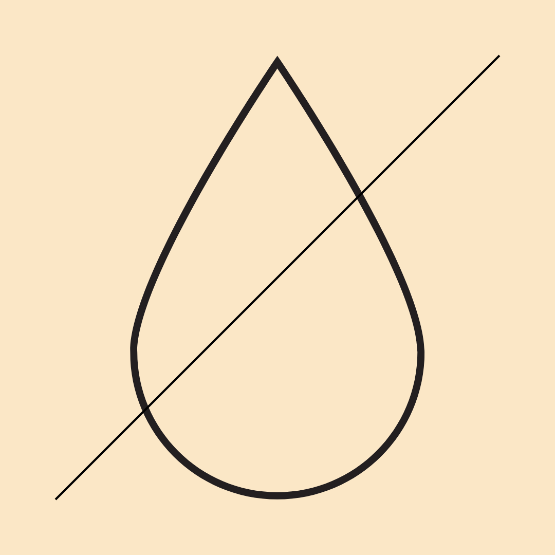 Line art of a water droplet with a diagonal line through it, symbolizing toxin-free or phthalate-free formulation.