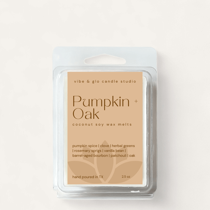 Pumpkin + Oak coconut soy wax melts from Vibe & Glo, featuring fall scents like pumpkin spice and vanilla bean.