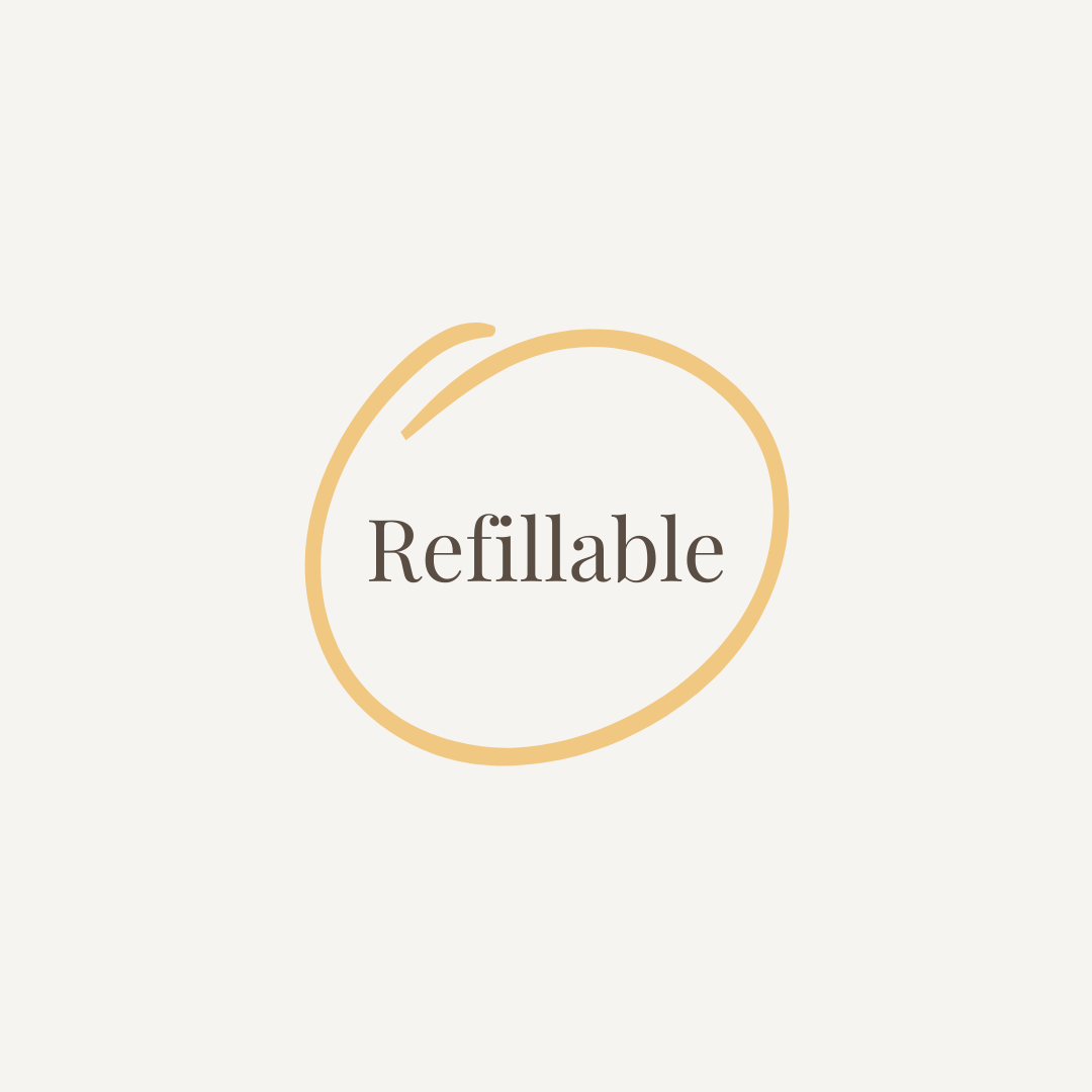 Logo with 'Refillable' text inside a gold circle on a light beige background
