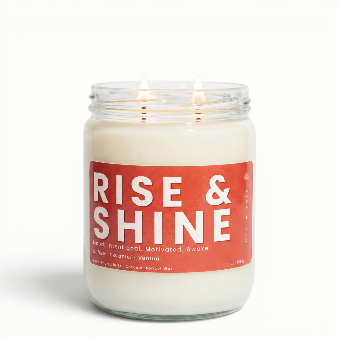 Rise and Shine 2 wick candle with coffee caramel and vanilla in glass jar, strong scent throw coconut apricot wax candle for a warm morning vibe