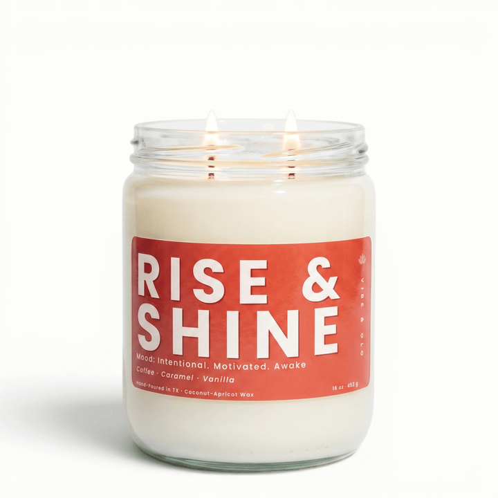Rise and Shine 2 wick candle with coffee caramel and vanilla in glass jar, strong scent throw coconut apricot wax candle for a warm morning vibe