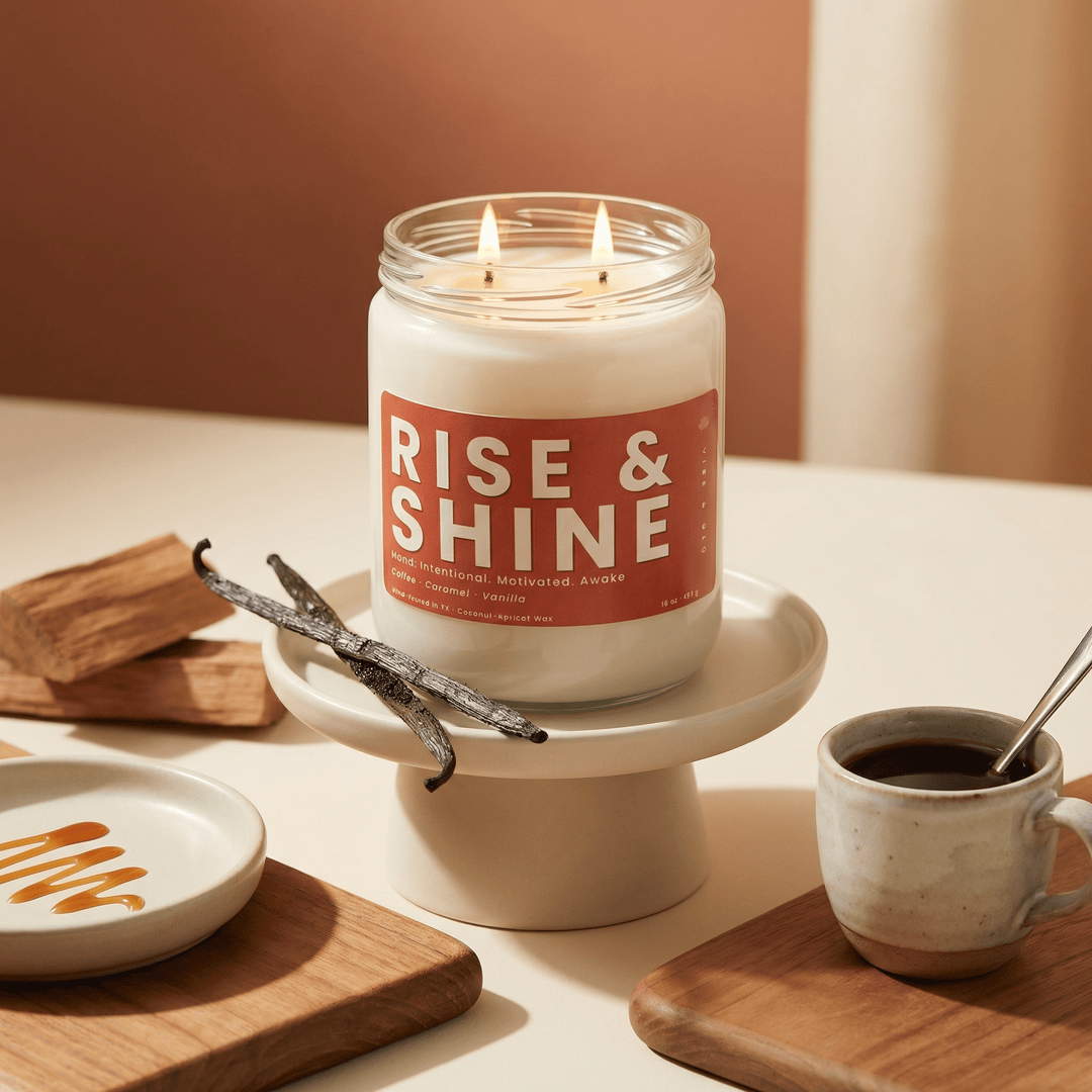 Rise and Shine candle on pedestal with coffee cup and caramel drizzle, cozy morning coffee candle with warm gourmand scent