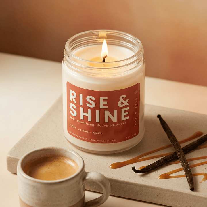 Rise and Shine candle with espresso cup and caramel drizzle, cozy coffee scented candle with vanilla and caramel notes