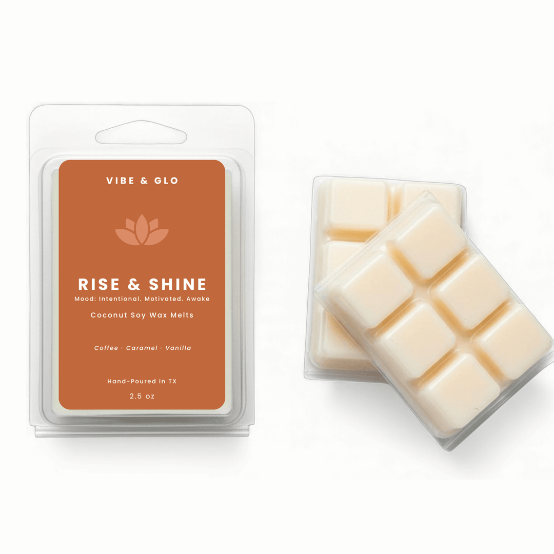 Vibe & Glo Rise & Shine coconut soy wax melts packaging on a white background