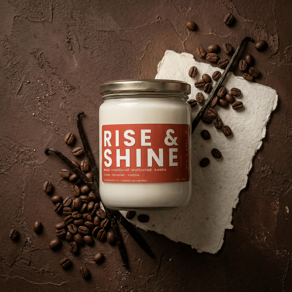 Rise and Shine coffee scented candle styled with coffee beans and vanilla pods, warm gourmand candle with caramel and vanilla notes