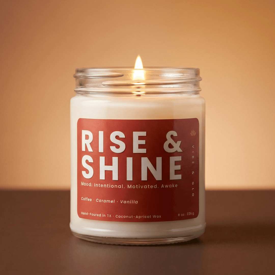 Rise and Shine coffee scented jar candle burning in warm setting, rich coffee caramel and vanilla fragrance