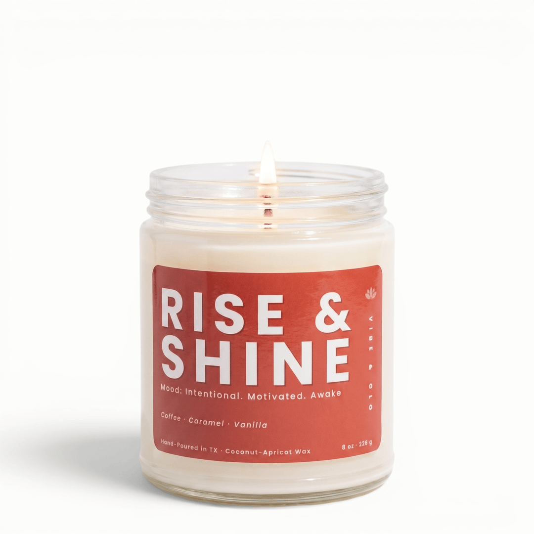 Rise and Shine coffee caramel vanilla candle in glass jar, warm gourmand coconut apricot wax candle for a cozy morning scent