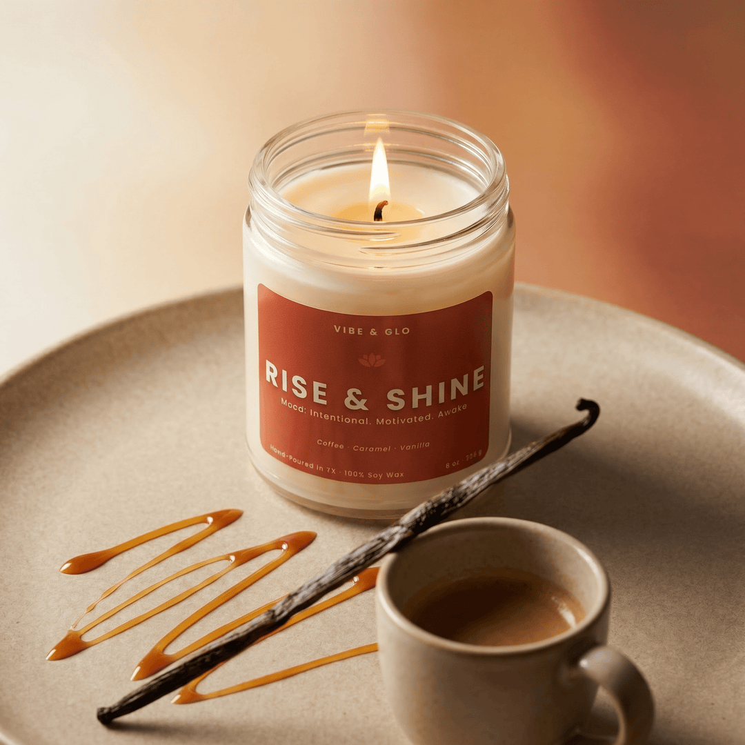 Rise & Shine coffee vanilla caramel soy candle by Vibe & Glo styled with espresso cup, caramel drizzle, and vanilla bean, lit single wick cozy morning home fragrance candle