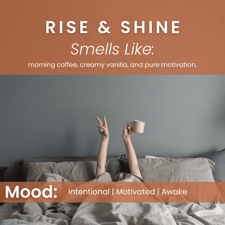Rise & Shine fragrance mood visual with warm morning tones and coffee-inspired energy symbolizing creamy vanilla, motivation, and intentional momentum.