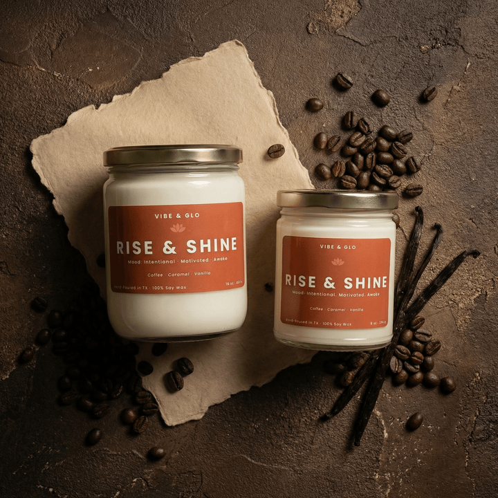 Rise & Shine wooden wick soy candle in 16 oz and 8 oz jars styled with coffee beans and vanilla, featuring coffee, caramel, and vanilla notes.