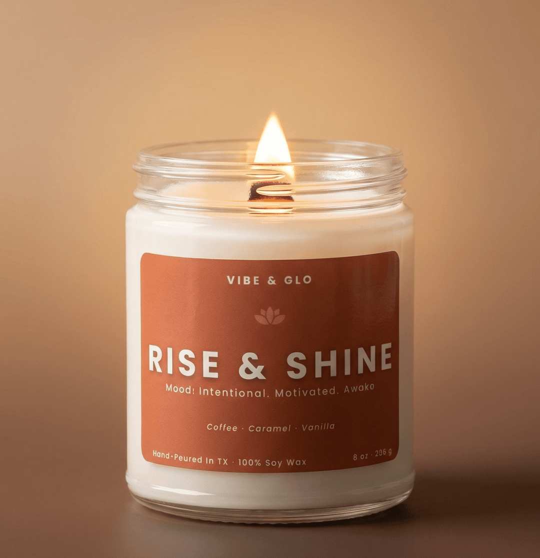 Rise and Shine wooden wick soy candle by Vibe and Glo with coffee caramel vanilla scent warm energizing morning candle clean burning coffee scented candle