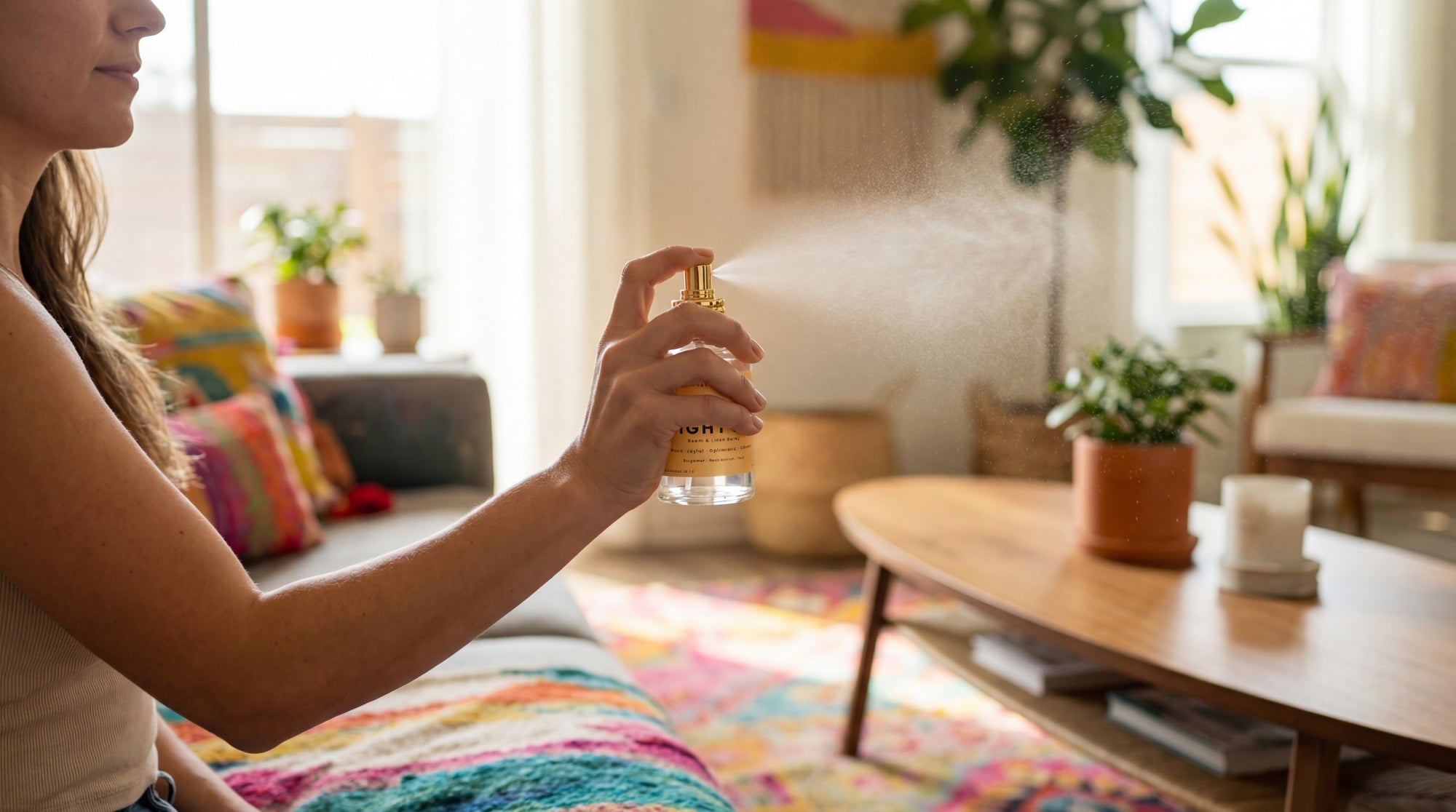 Person spraying a bottle of room and linen spray in a living room.