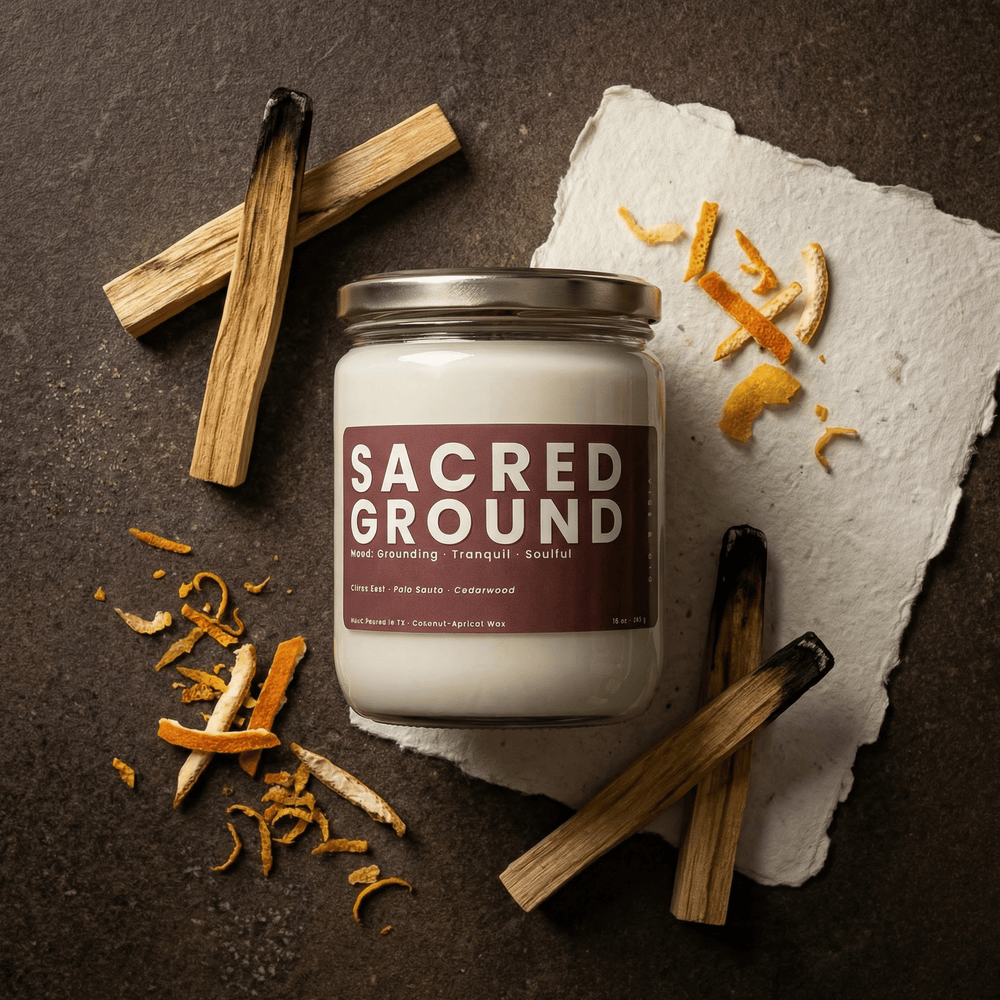 Sacred Ground 2-wick candle flat lay with palo santo wood and citrus peel, highlighting earthy woody fragrance notes