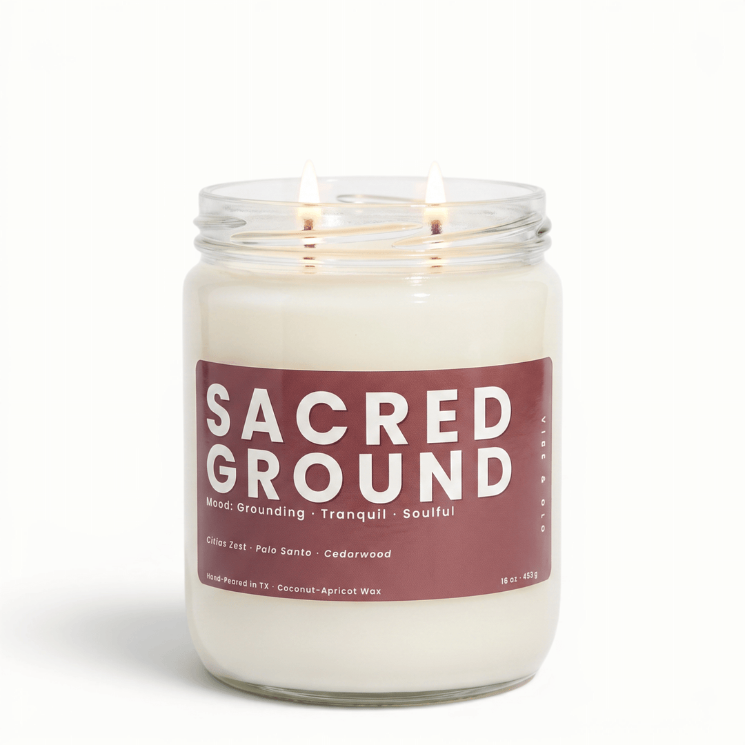 Sacred Ground 2 wick candle with palo santo and cedarwood in glass jar, grounding coconut apricot wax candle for a calm peaceful home