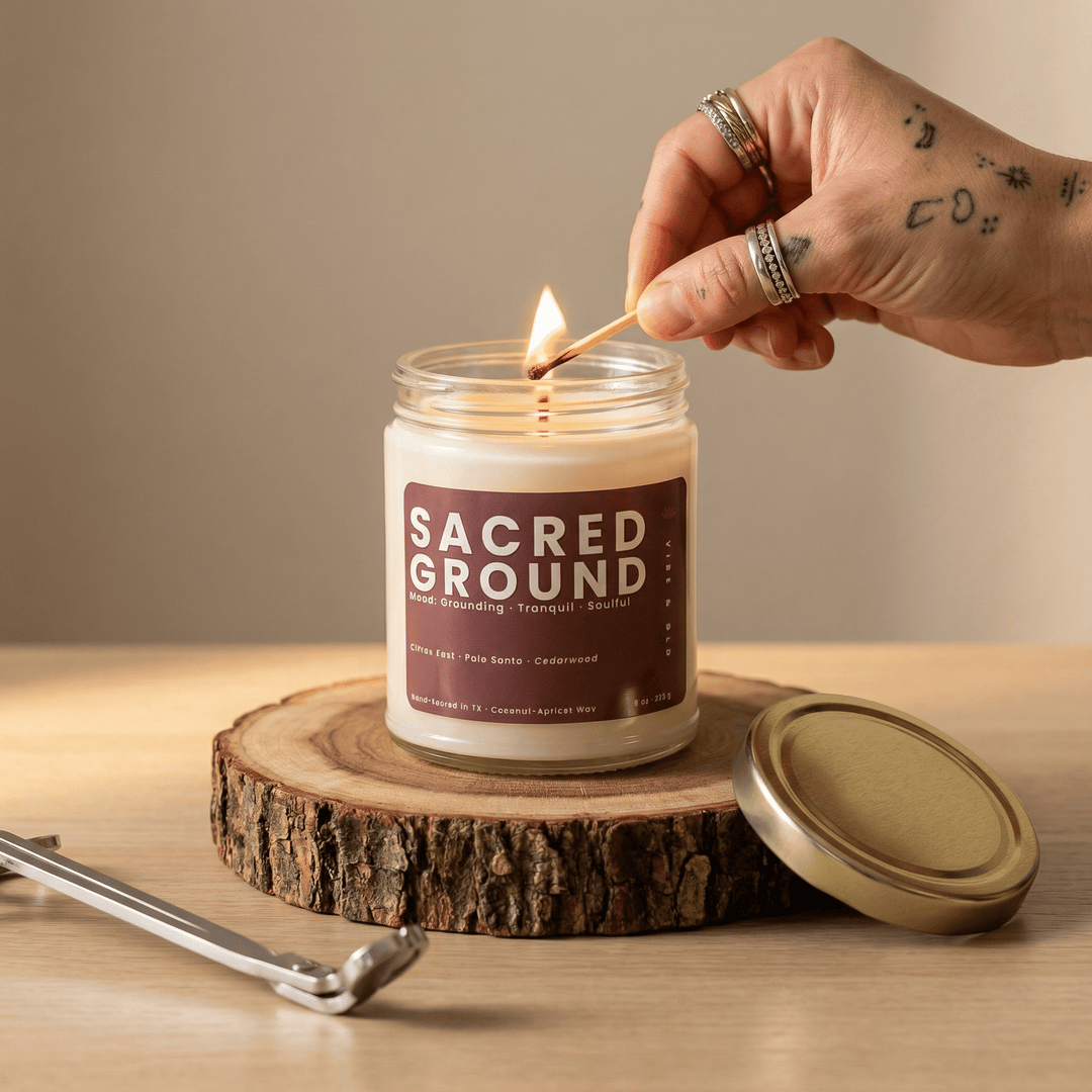 Hand lighting Sacred Ground candle on a wood surface creating a calming ritual moment with a grounding woodsy home fragrance