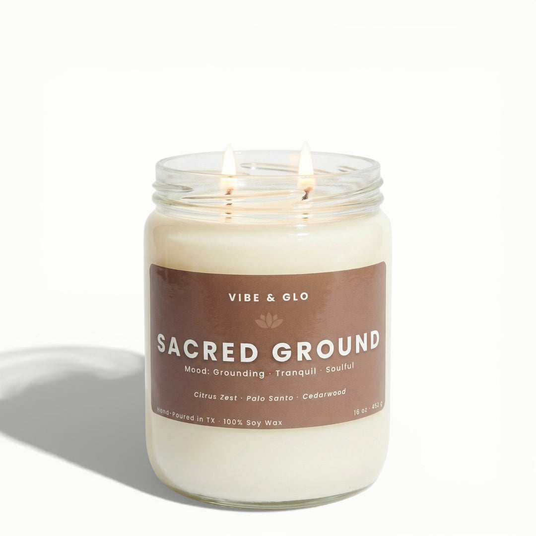 Sacred Ground – Double Wick Palo Santo & Cedarwood Soy Candle | 16 oz - Vibe & Glo Candle Studio