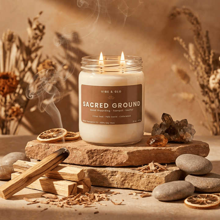 Sacred Ground – Double Wick Palo Santo & Cedarwood Soy Candle | 16 oz - Vibe & Glo Candle Studio