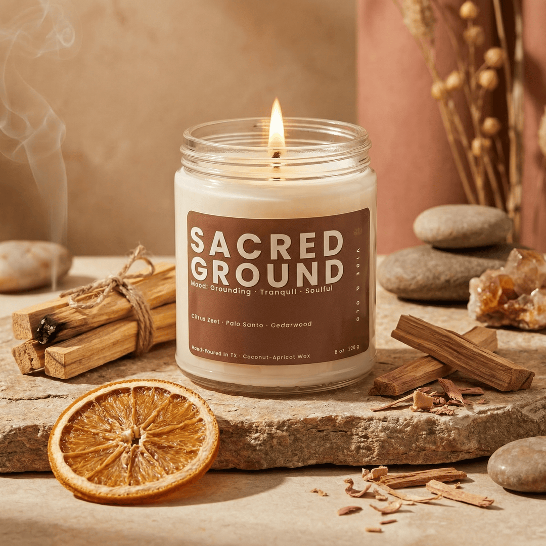 Sacred Ground candle styled with palo santo sticks stones and dried citrus creating a grounding earthy home decor scene
