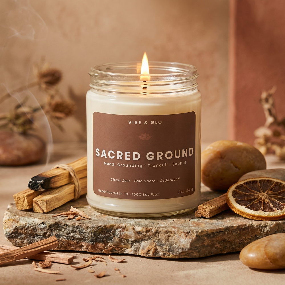 Sacred Ground grounding soy candle with palo santo sticks, dried citrus slices, and warm neutral background, 8 oz glass jar and lit wick.