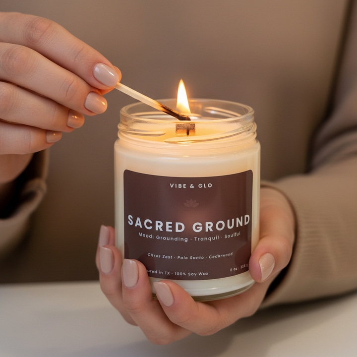 Sacred Ground soy candle by Vibe & Glo being lit with a wooden wick, held in hands to create a grounding, tranquil, and soulful home fragrance moment.