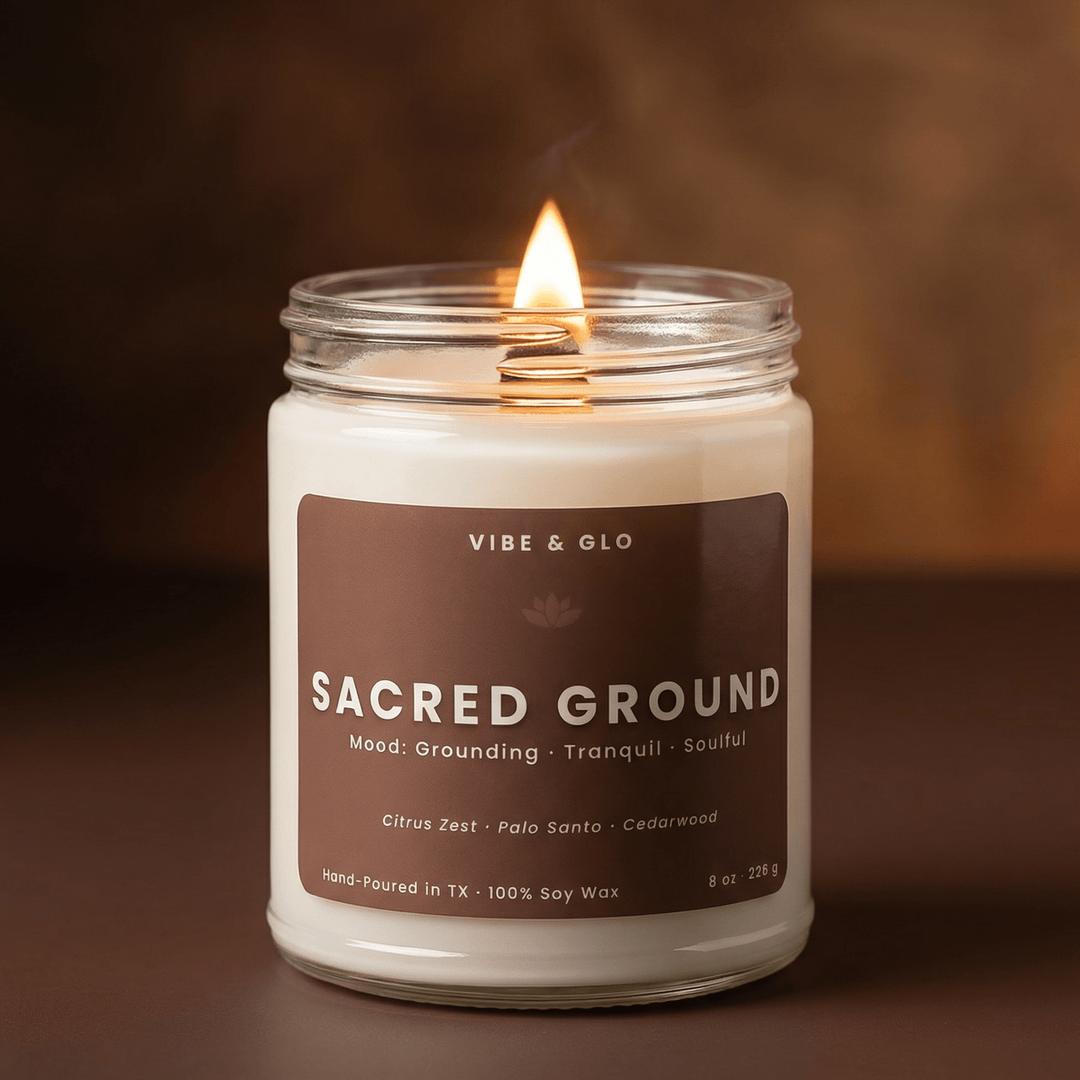Sacred Ground wooden wick soy candle by Vibe and Glo with citrus zest palo santo cedarwood grounding tranquil scent