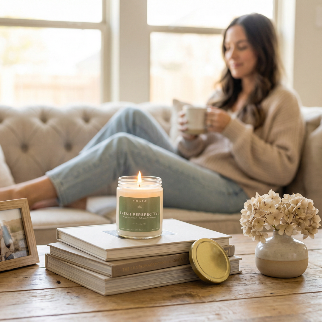 Lit single wick 8 oz soy candle in glass jar styled in cozy living room setting