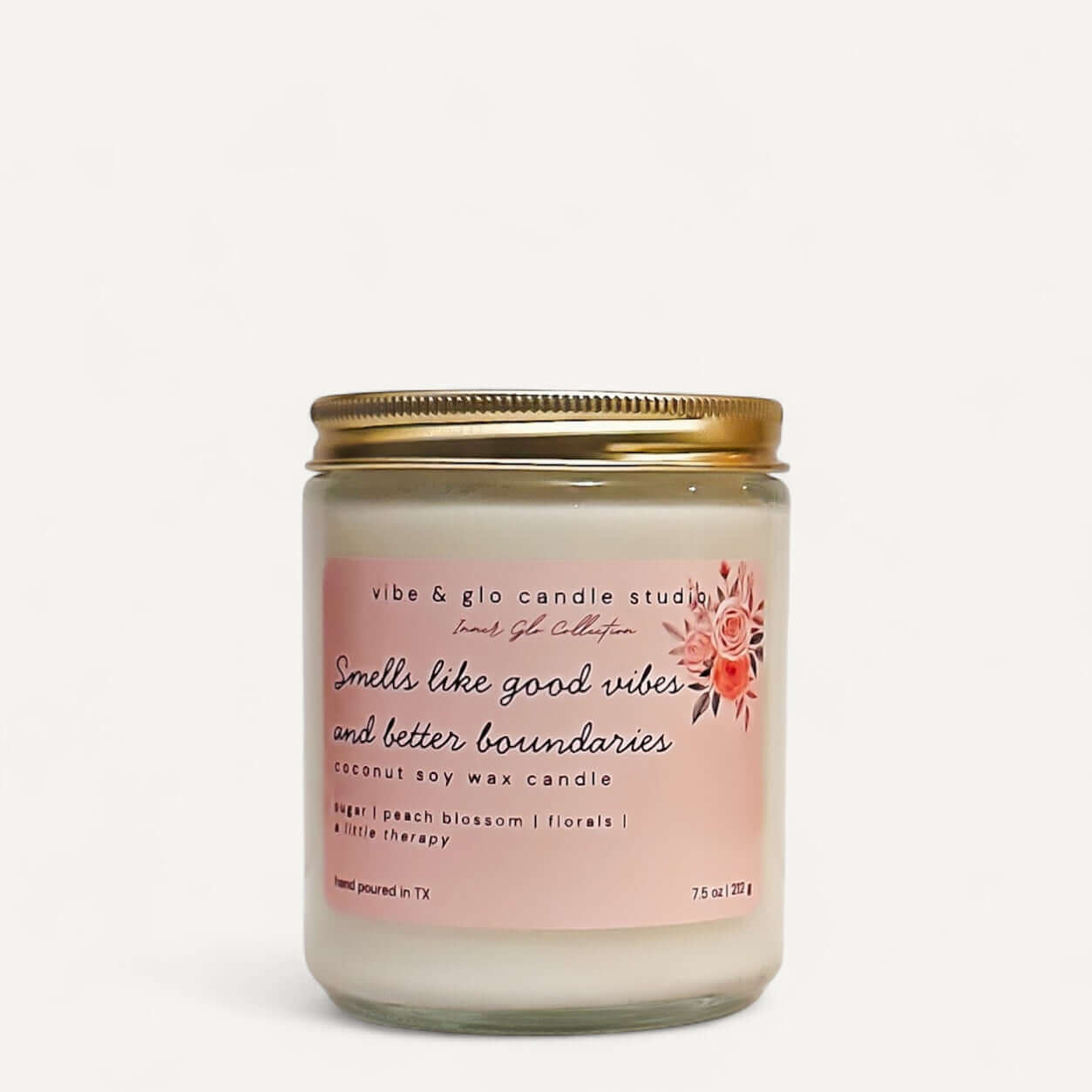 Smells like good vibes and better boundaries coconut soy wax candle by Vibe & Glo Candle Studio with sugar, peach blossom, and florals. Sweet, floral, comforting fragrance, hand-poured in Texas.