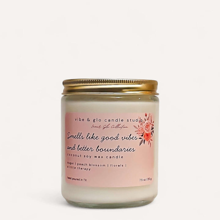Smells like good vibes and better boundaries coconut soy wax candle by Vibe & Glo Candle Studio with sugar, peach blossom, and florals. Sweet, floral, comforting fragrance, hand-poured in Texas.