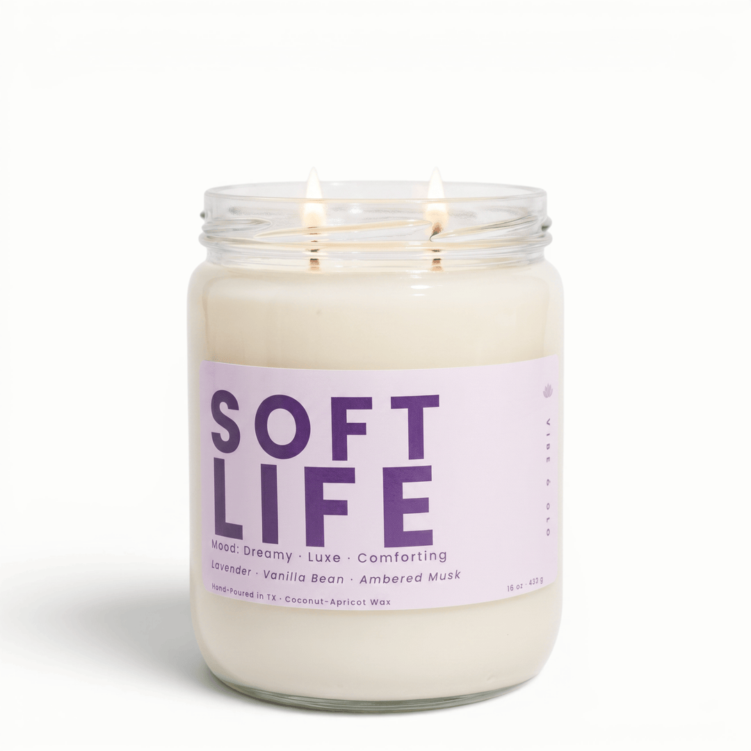 Soft Life 2 wick candle with lavender vanilla and amber in glass jar, relaxing coconut apricot wax candle for a cozy calming home