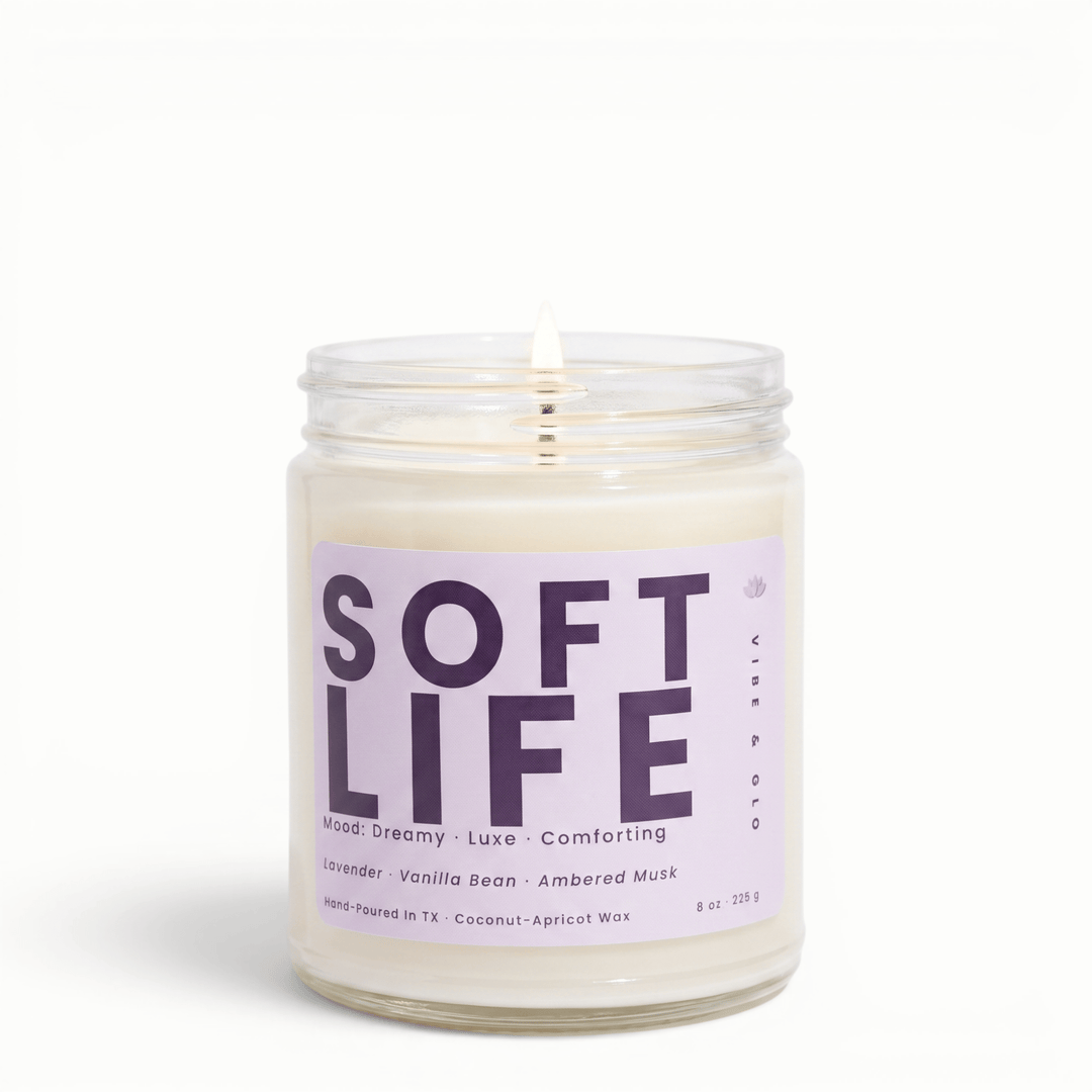 Soft Life lavender vanilla amber candle in glass jar, relaxing coconut apricot wax candle for a calm cozy home atmosphere