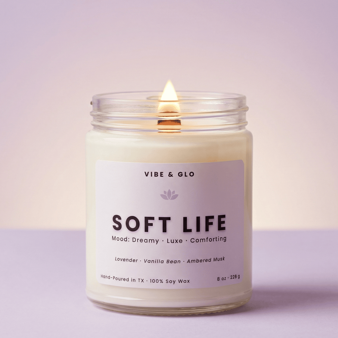 Soft Life wooden wick soy candle by Vibe and Glo with lavender vanilla bean ambered musk cozy luxe relaxing scent