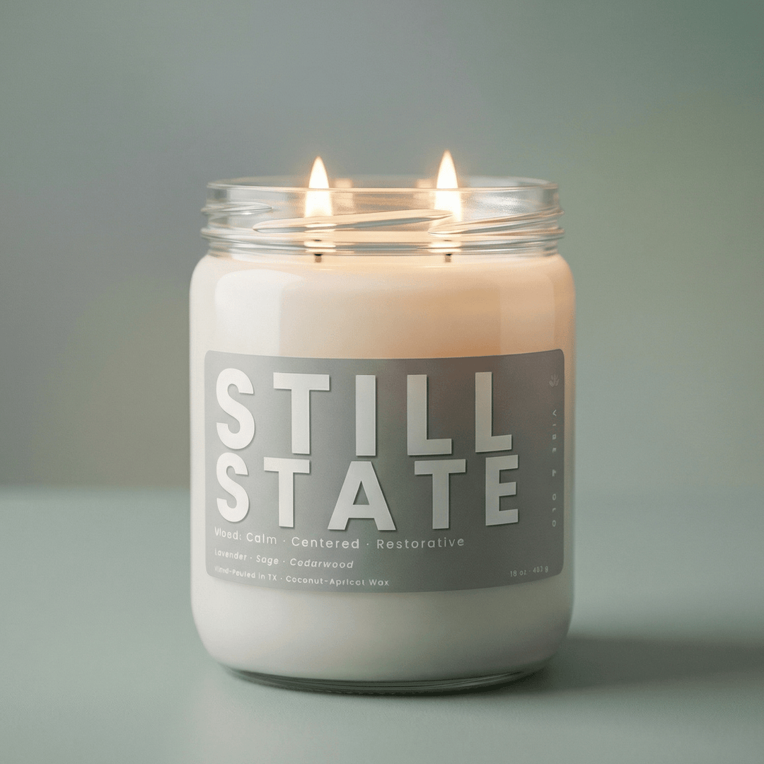 Still State 2-wick candle with two cotton wicks on a soft neutral background, clean modern product hero image