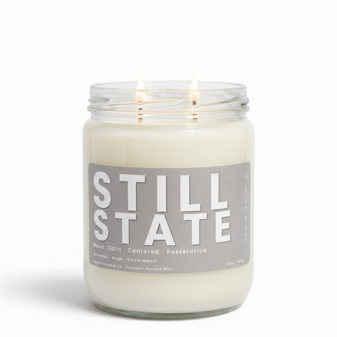 Still State 2 wick candle with lavender sage and cedarwood in glass jar, calming coconut apricot wax candle for relaxation and stress relief