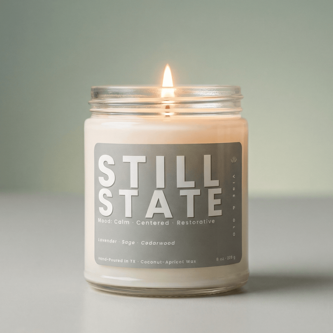 Still State lavender sage candle in a clean minimal product shot representing a calming spa-like home fragrance