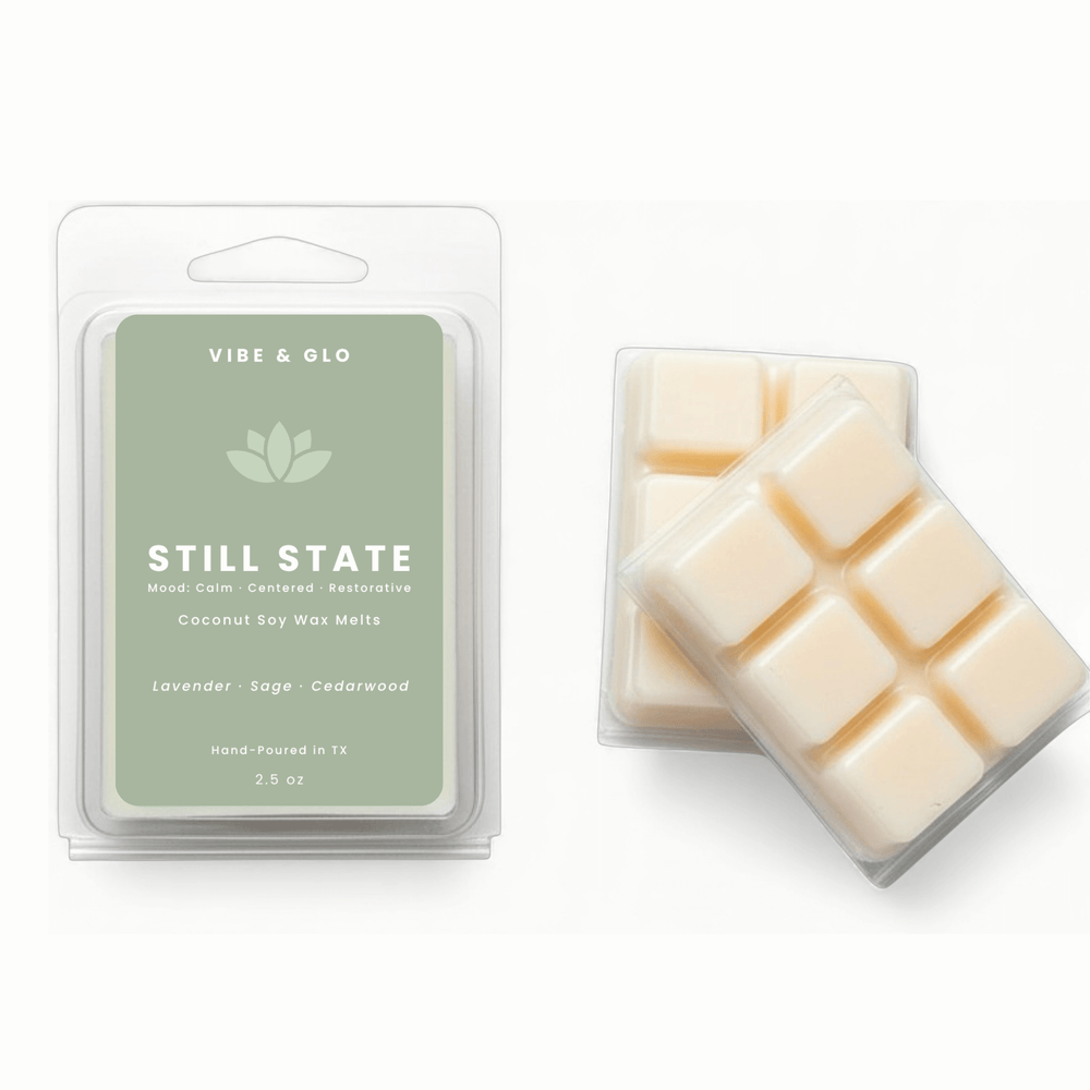 Vibe & Glo wax melts packaging with two melts on a white background