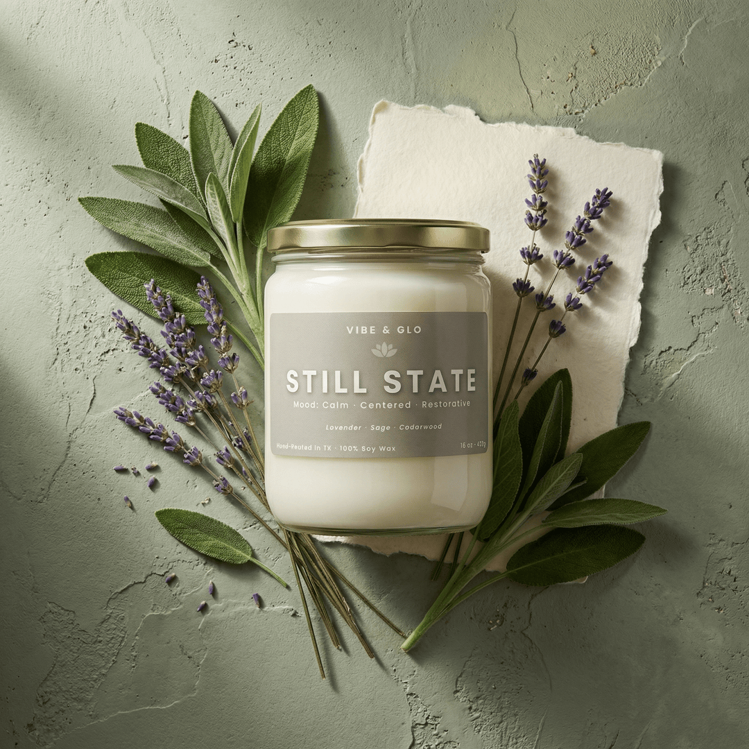 Still State 16 oz double wick soy candle by Vibe & Glo styled in a calming flatlay with fresh lavender sprigs and sage leaves on a soft green textured background.