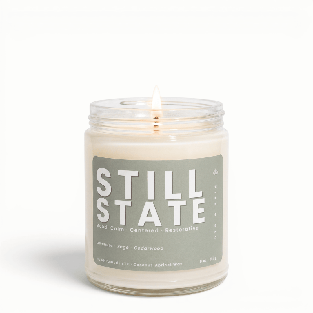 Still State lavender sage cedarwood candle in glass jar, calming coconut apricot wax candle for relaxation and stress relief