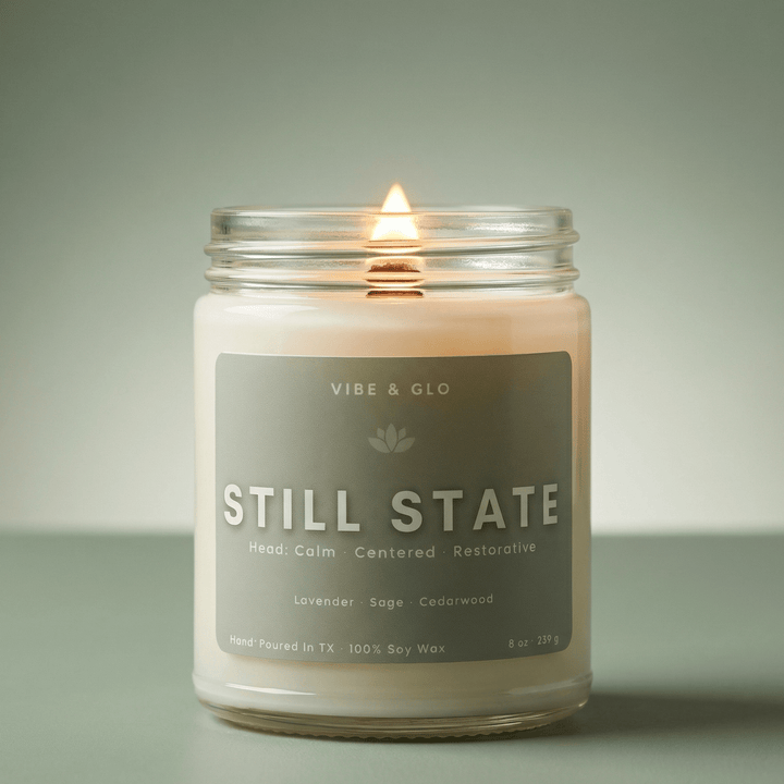 Still State wooden wick soy candle by Vibe and Glo with lavender sage cedarwood calming relaxing spa scent