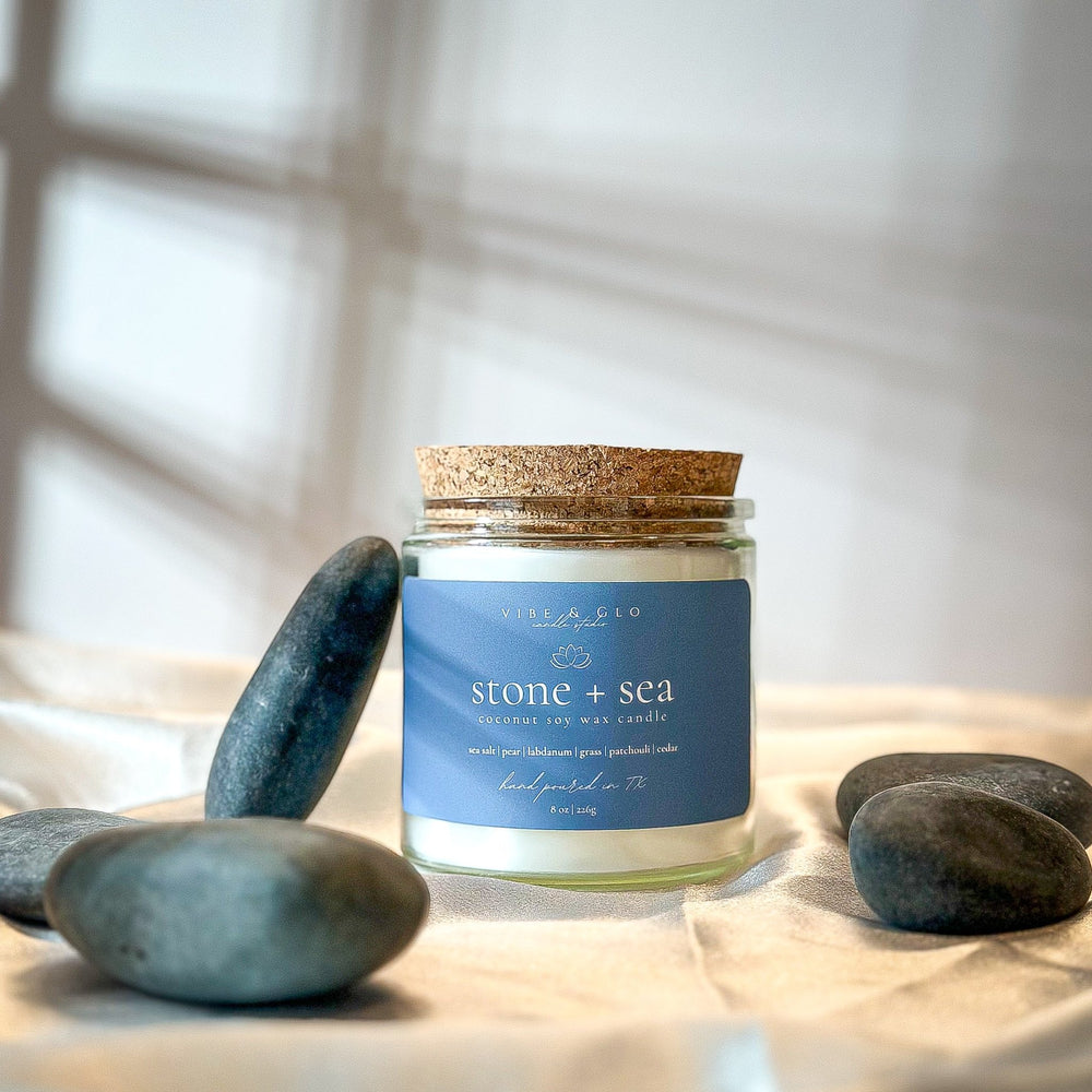 Stone + Sea Coconut Soy Candle | 8 oz - Vibe & Glo Candle Studio