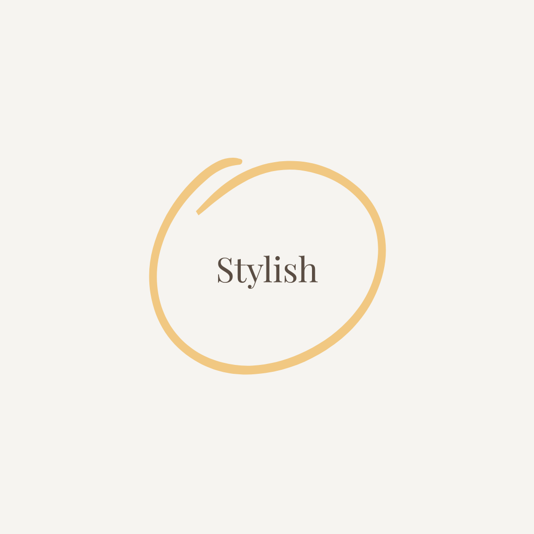 Gold circular design with the word 'Stylish' on a light beige background