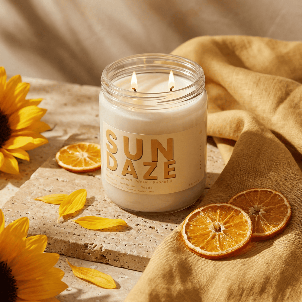 Sun Daze 2-wick candle styled with dried orange slices, sunflower petals, and warm linen for a cozy summer home vibe
