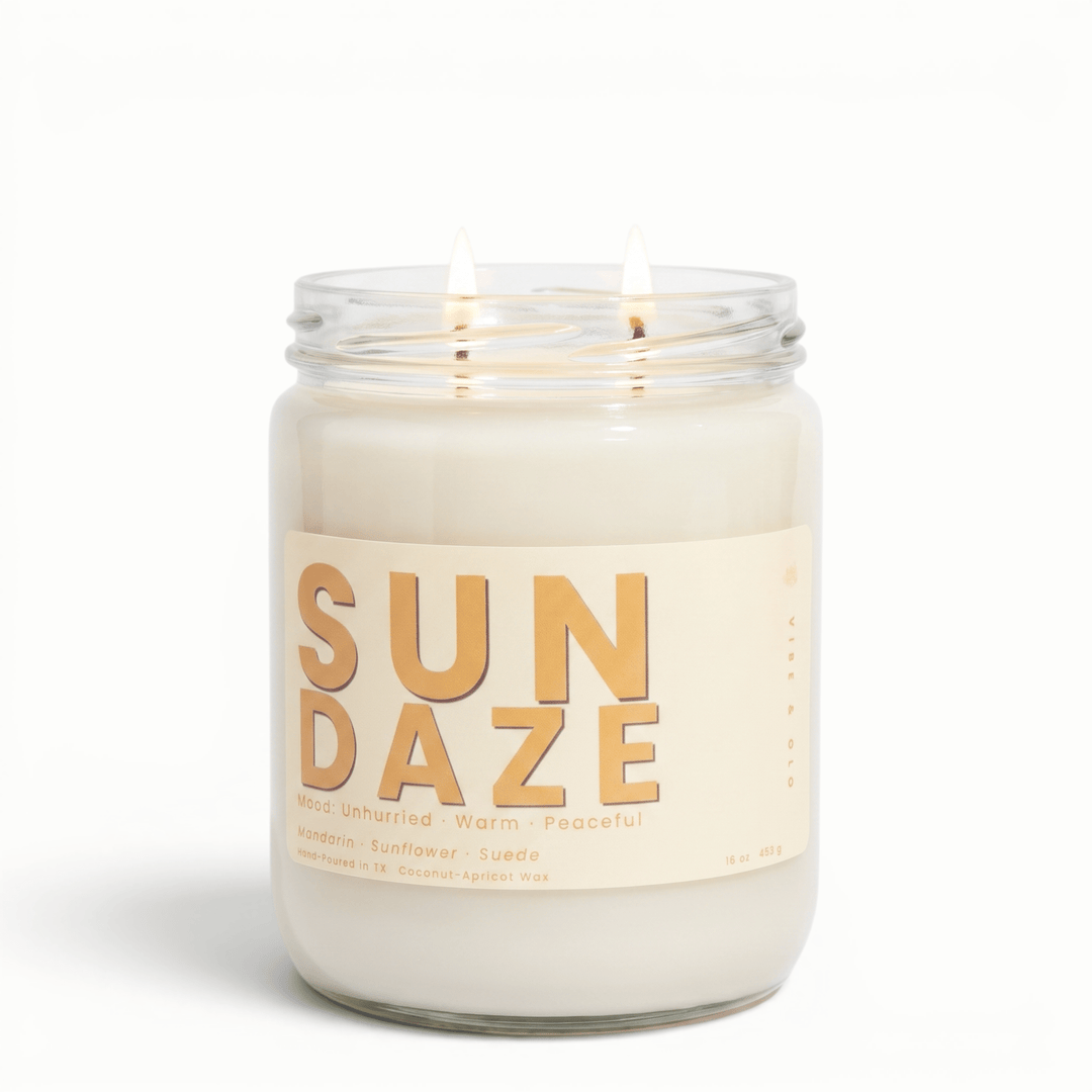 Sun Daze 2 wick candle with mandarin sunflower and suede in glass jar, warm coconut apricot wax candle for a relaxed sunny vibe