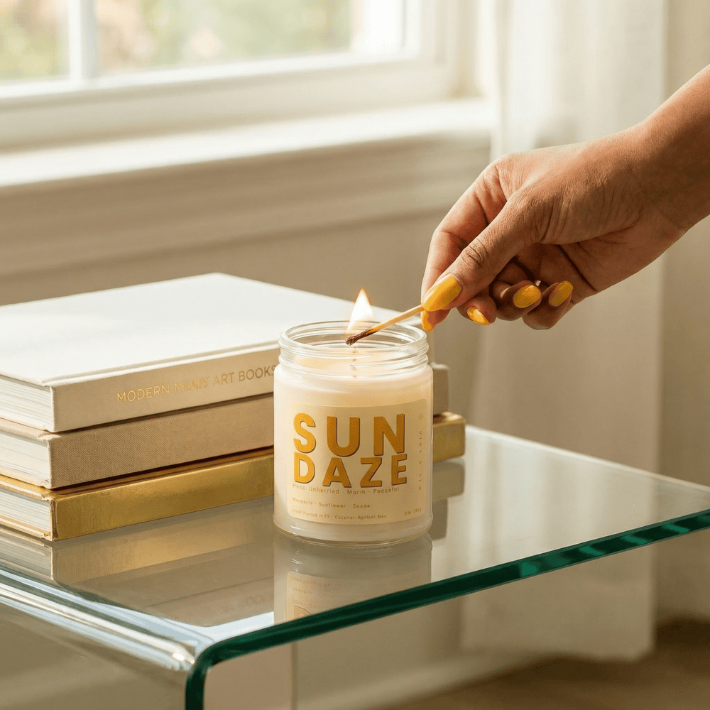Hand lighting Sun Daze candle on a glass table creating a cozy home ritual with a warm coconut apricot wax candle and soft golden tones