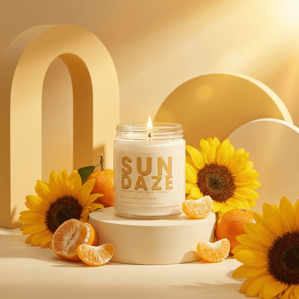 Sun Daze candle surrounded by sunflowers and mandarin oranges in a warm golden setting creating a cheerful sunlit home decor vibe