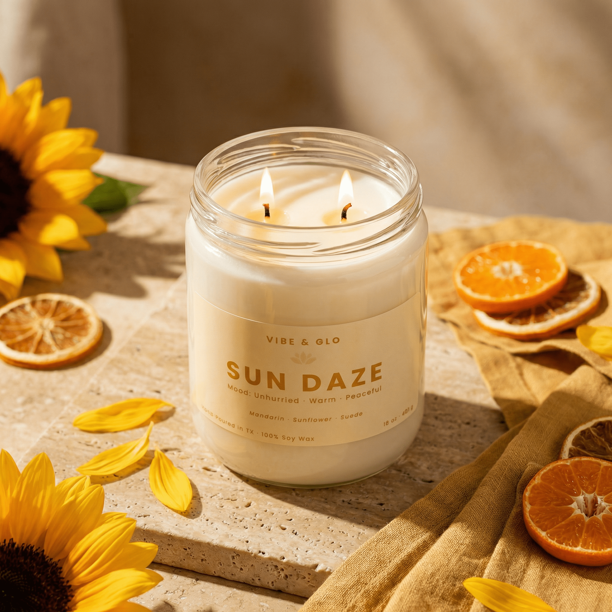 sun daze citrus soy candle double wick burning on stone surface with dried oranges and warm sunlight cozy home fragrance